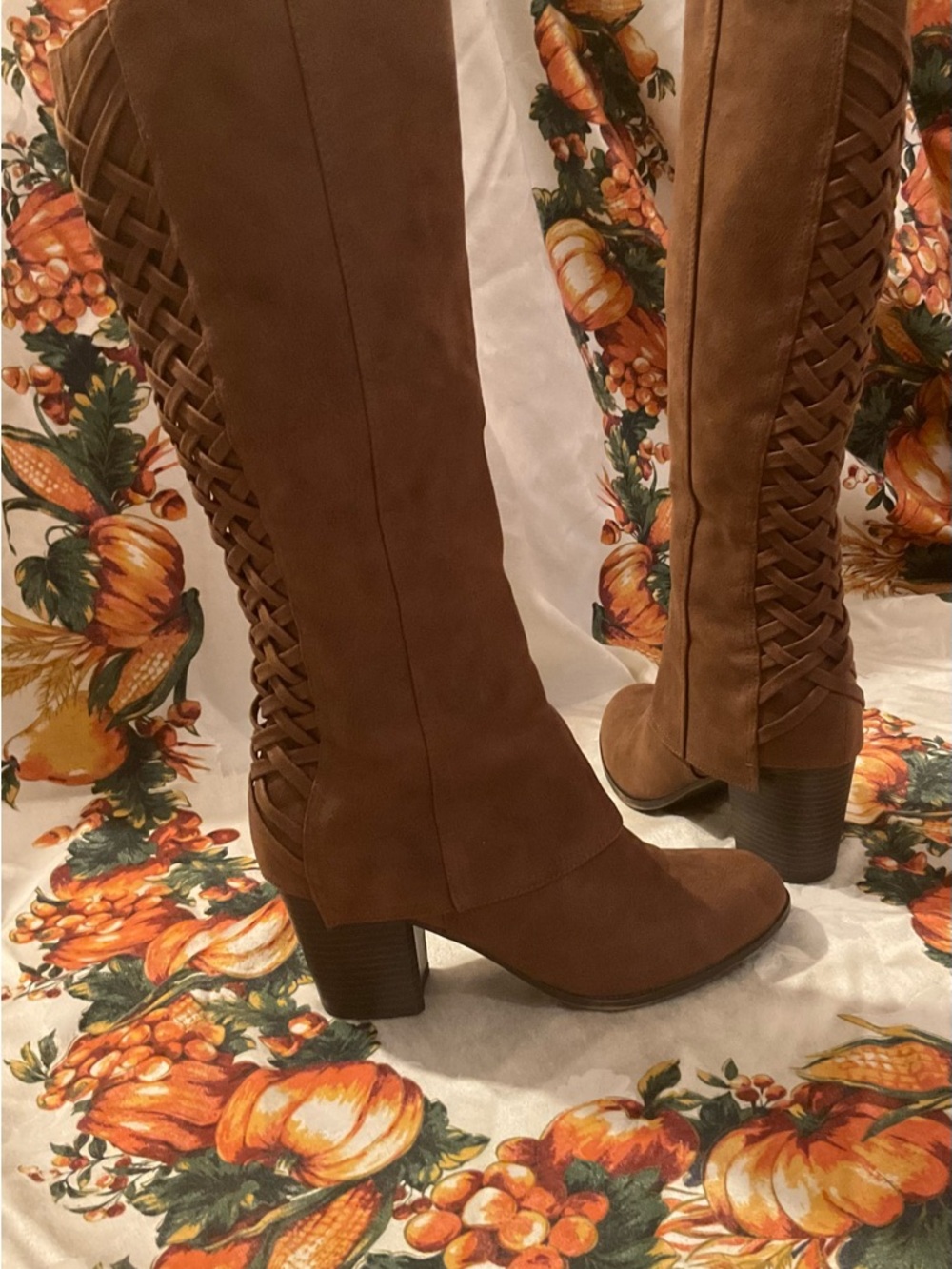 Fergalicious Brown Knee-High Braided-Back Block Heel Boots - Picture 5 of 8